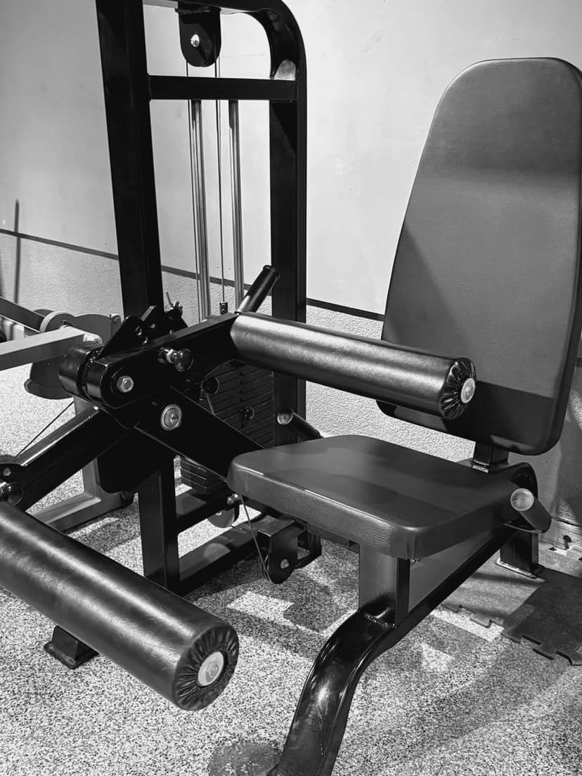 Máquina de piernas sentado con respaldo alto, rodillo largo al frente y pila de placas atrás.