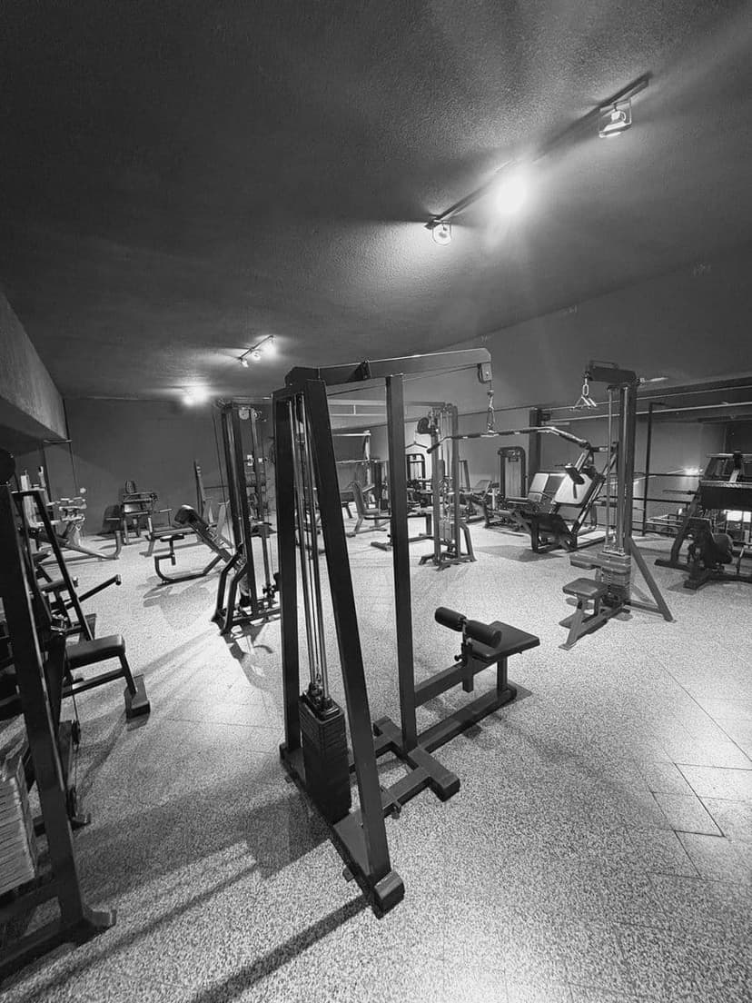 Planta alta: una columna de poleas en primer plano, y bancos y máquinas de musculación hacia el fondo.