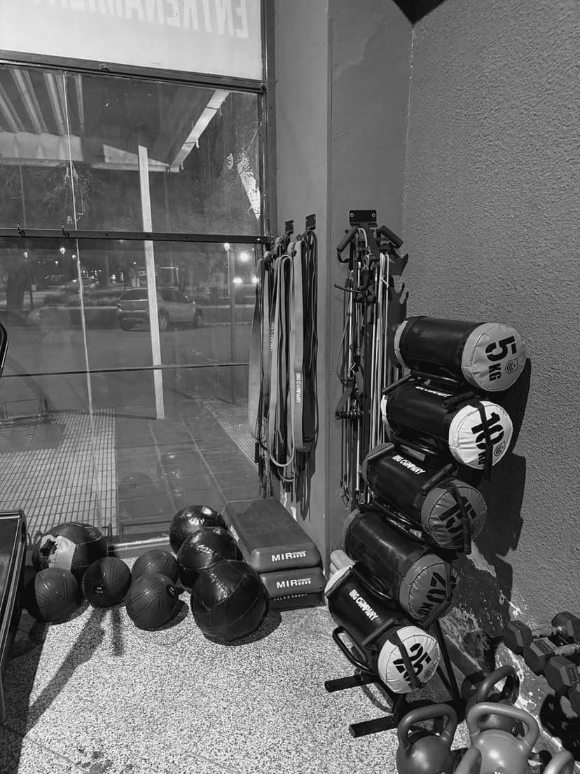 Rack vertical con bolsas de arena de 5 a 25 kg, bandas colgadas de la pared, steps, wall balls y pesas rusas.